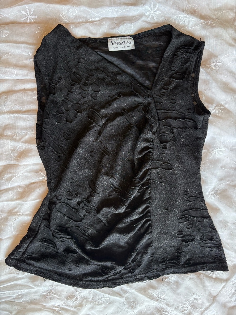 VERSAILLES COLLECTION Vintage Black Distressed Sheer Sleeveless Top
